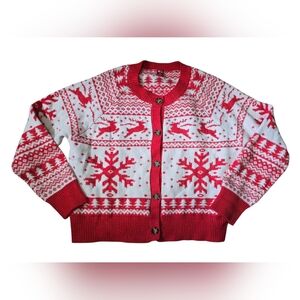 Pre-Owned Dec. 25th Size XL Christmas White Red Reindeer Button Down Sweater